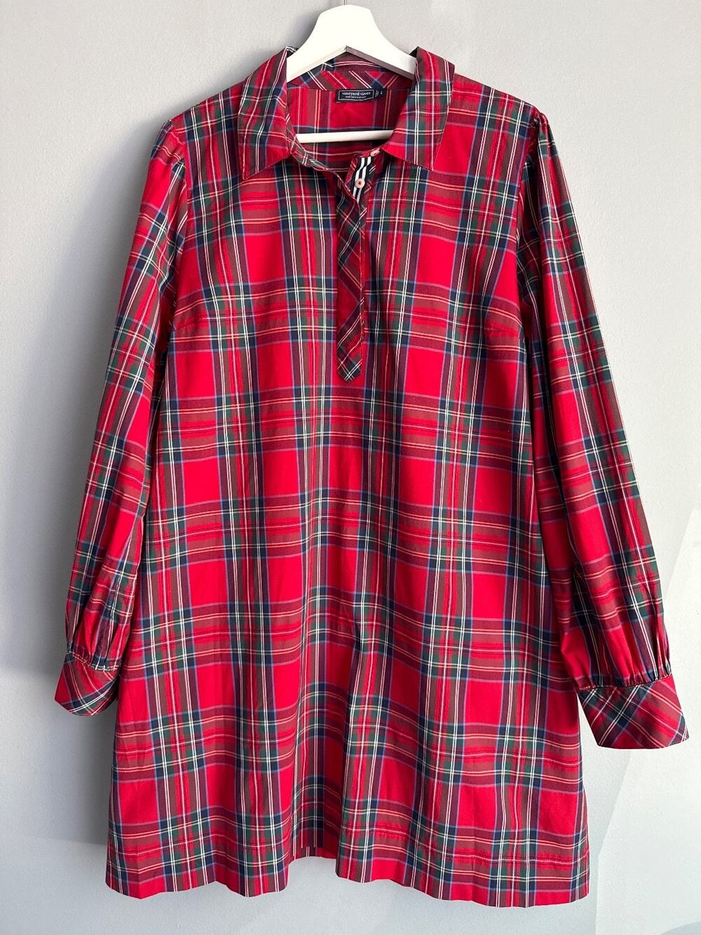 Vineyard Vines Women Tartan Plaid Shirt Dress Sz L Red Preppy Mini Old Money Lux